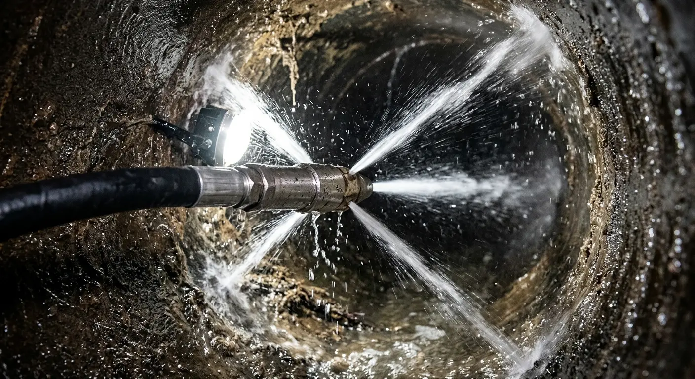 High-pressure hydro jetting nozzle cleaning sewer pipe for Emergency Drain Service in Mount Clemens