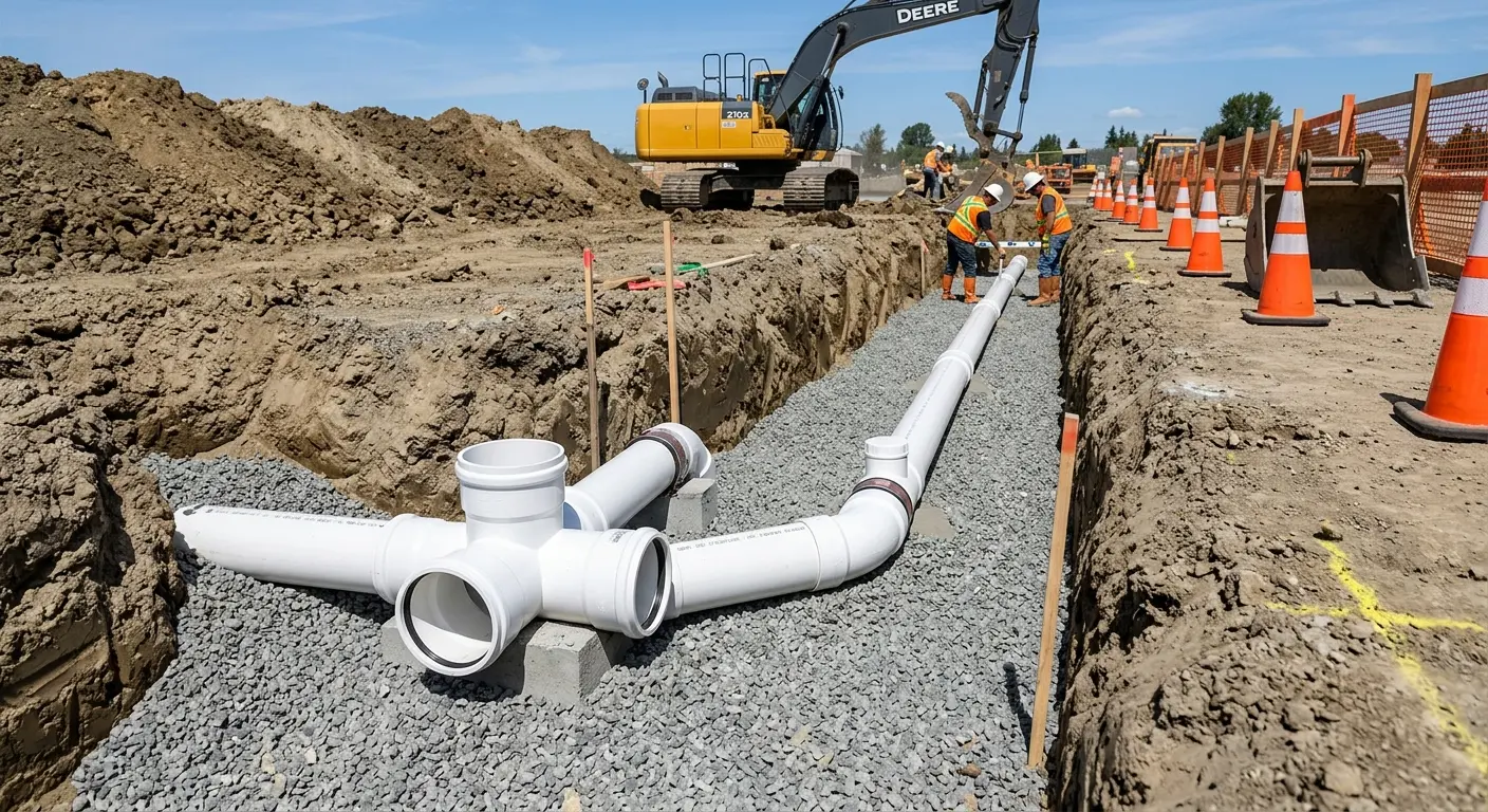 New PVC sewer pipe installation in open trench for Sewer Backup in Mount Clemens