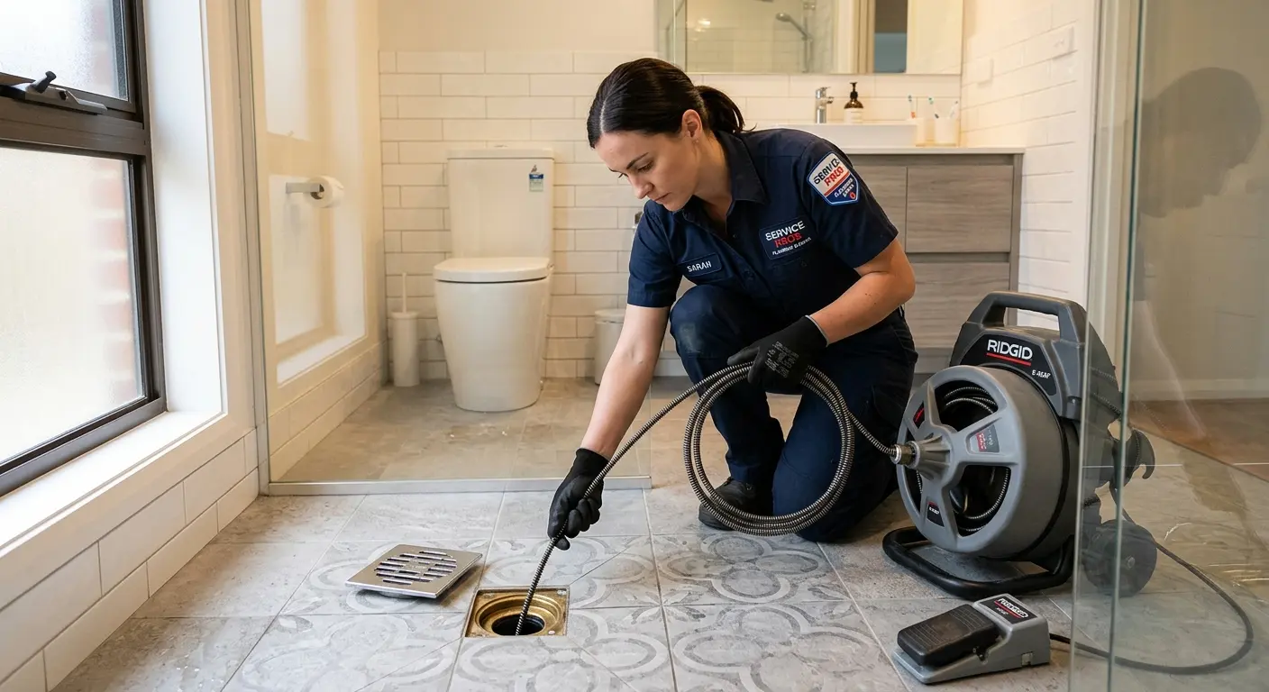 Technician clearing a bathroom floor drain for Drain Repair in Mount Clemens